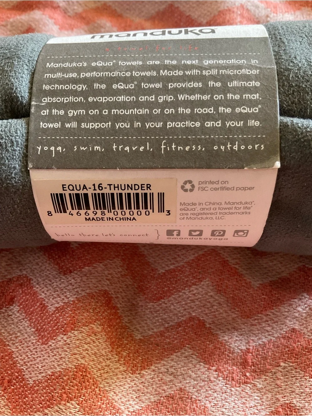 manduka eQua Yoga Hand Towel  Towel in Gray (Thunder) 16” x 26.5” New